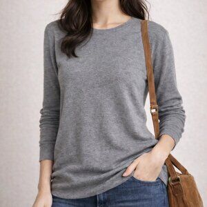 Cynthia Rowley 100% FINE MERINO WOOL Grey Tan Crew Neck Classic Staple Sweater M